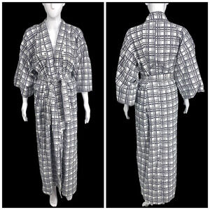 Vintage Changshan Long Robe Sz L Belted Black White Rectangles Changpao Lined